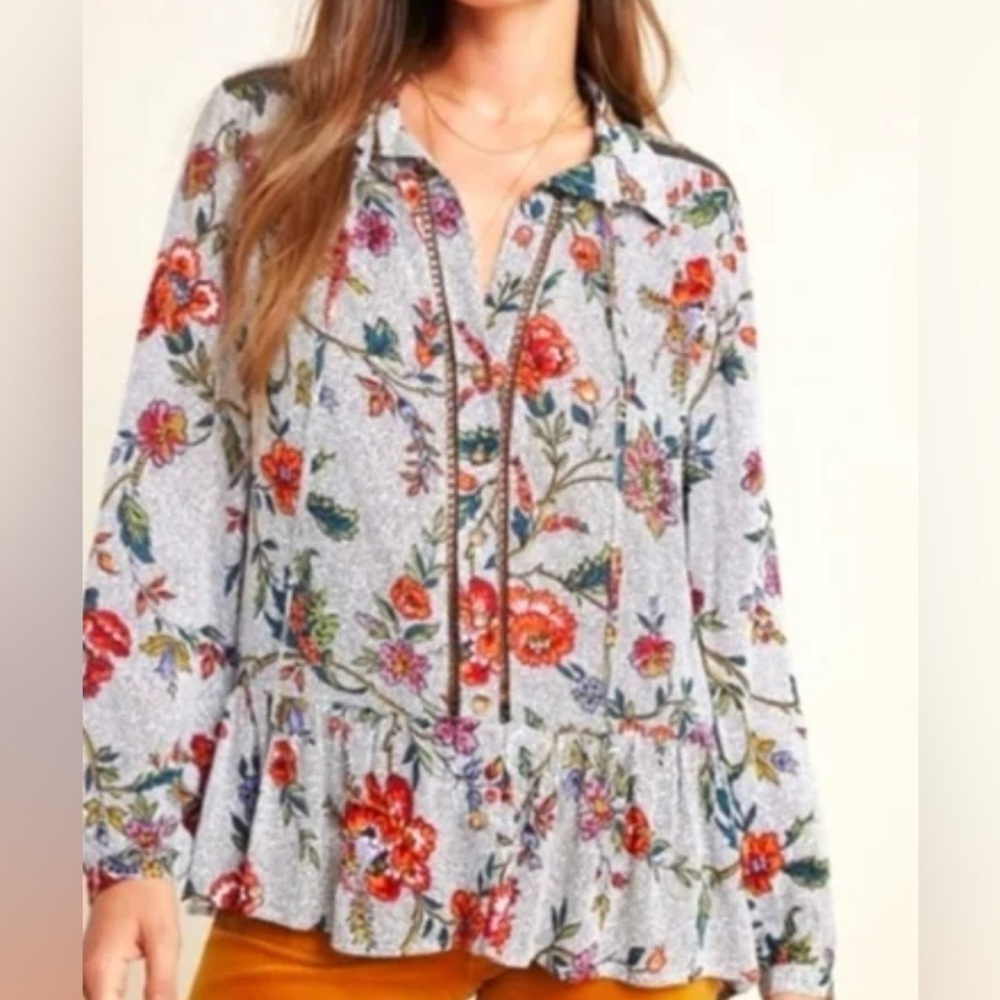 Maeve Janie Flounced Peasant Blouse Size 6 Black Dotted Floral Anthropologie